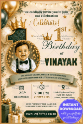 Add Baby Photo 1st Birthday Invitation Card with Crown Theme, Balloons & Teddy Bear Decor