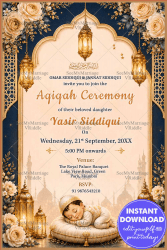 Arch Frame Islamic Aqiqah Invitation Card with Golden Lanterns, Floral Borders & Sleeping Baby Theme