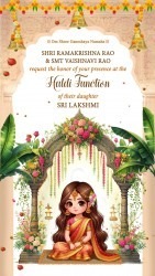 Arch Theme Haldi Function Invitation Video with Bride Illustration, Banana Leaf Decor & Traditional South Indian Festive Elements