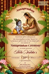 Baby Krishna Annaprashan Ceremony Invitation with Feeding Mom, Banana Leaf Decor & Festive Temple-Inspired Elements