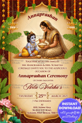 Baby Krishna Annaprashan Ceremony Invitation with Feeding Mom, Banana Leaf Decor & Festive Temple-Inspired Elements