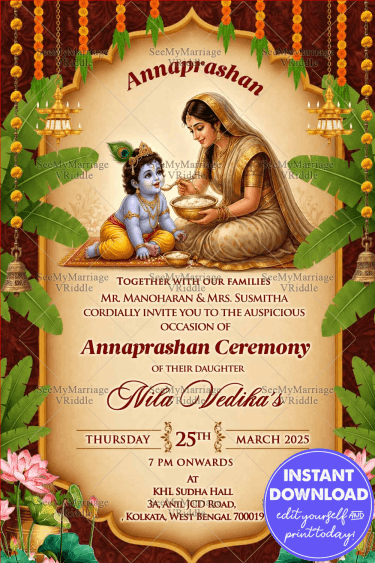 Baby Krishna Annaprashan Ceremony Invitation with Feeding Mom, Banana Leaf Decor & Festive Temple-Inspired Elements