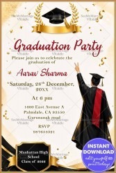 Black & Gold Theme Boy Graduation Party Invitation with Graduation Illustration & Modern Celebration Design