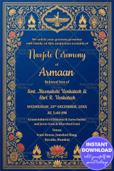 Blue Parsi Navjote Invitation Card with Gold Floral Borders, Faravahar Symbol & Sacred Fire Motifs