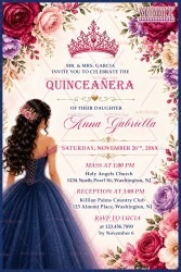 Blue Princess Gown Design Quinceañera Invitation Card with Tiara, Floral Frame
