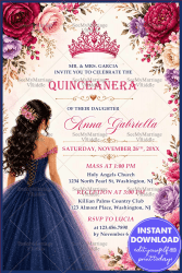 Blue Princess Gown Design Quinceañera Invitation Card with Tiara, Floral Frame