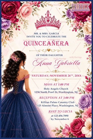 Blue Princess Gown Design Quinceañera Invitation Card with Tiara, Floral Frame