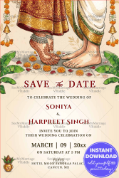 Brahmin Style Save The Date Wedding Card with Traditional Feet Illustration, Mehendi Art & Sacred Floral Decor