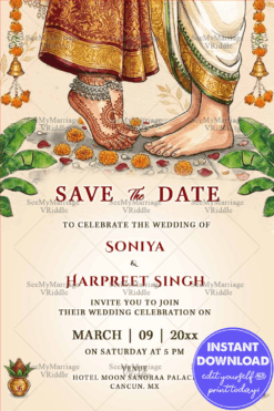 Brahmin Style Save The Date Wedding Card with Traditional Feet Illustration, Mehendi Art & Sacred Floral Decor