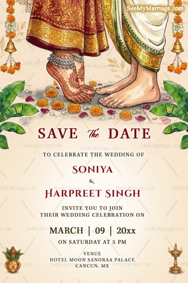 Brahmin Style Save The Date Wedding Card with Traditional Feet Illustration, Mehendi Art & Sacred Floral Decor