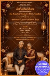 Brown Theme Sathabhishekam Invitation Card with Hanging Lanterns, Floral Decor & Traditional Elder Couple Portrait