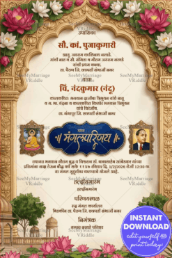 Buddhist Marathi Wedding Invitation Card with Royal Lotus Arch, Buddha Portrait & Ambedkar Tribute Design