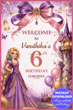 Castle & Lavender Princess Birthday Welcome Board with Rapunzel Theme