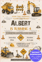Construction Theme Birthday Invitation Card with Excavator, Dump Truck, Cement Mixer & Roadwork Signs