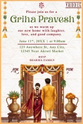 Couple Entrance Illustration Traditional Griha Pravesh Invitation with Floral Toran & Sacred Kalash Elements
