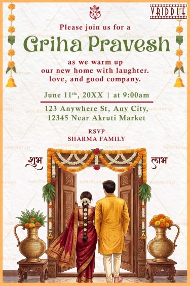 Couple Entrance Illustration Traditional Griha Pravesh Invitation with Floral Toran & Sacred Kalash Elements