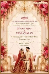 Couple Illustration Muslim Wedding Invitation Card with Crystal Chandelier & Floral Arch Frame