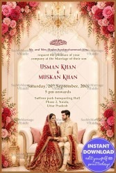 Couple Illustration Muslim Wedding Invitation Card with Crystal Chandelier & Floral Arch Frame