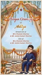 Digital Artistic Parojan Ceremony Invitation Video with Illustrated Kid Portrait and Marigold Garlands