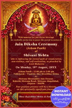 Divine Lotus Aura Jain Diksha Invitation with Floral Design & Golden Arch