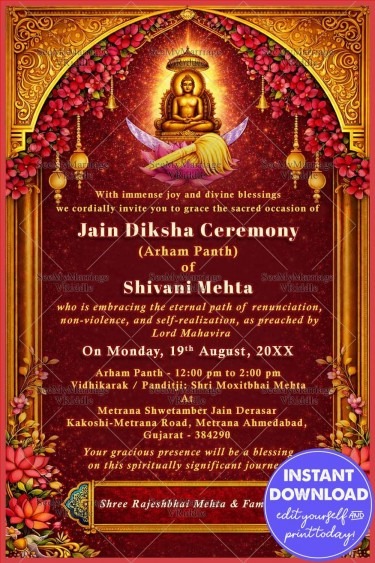 Divine Lotus Aura Jain Diksha Invitation with Floral Design & Golden Arch
