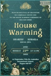 Emerald Green Background Islamic House warming Invitation with Gold Arabic Calligraphy & Floral