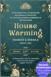 Emerald Green Background Islamic House warming Invitation with Gold Arabic Calligraphy & Floral
