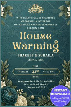 Emerald Green Background Islamic House warming Invitation with Gold Arabic Calligraphy & Floral