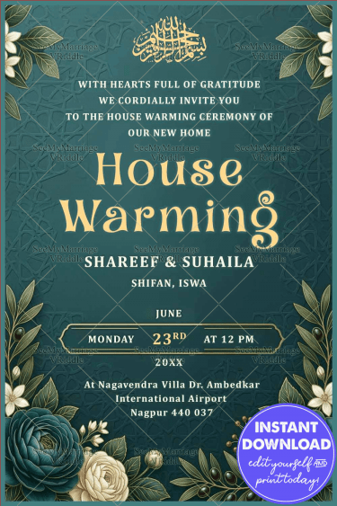 Emerald Green Background Islamic House warming Invitation with Gold Arabic Calligraphy & Floral