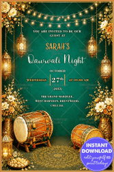 Emerald Green Qawwali Night Invitation Card with Hanging Lanterns, Floral Decor & Traditional Dhol Theme