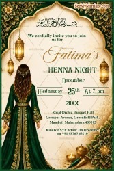 Emerald Green Theme Henna Night Invitation Card with Arabic Lanterns, Floral Mandala Art & Elegant Bridal Illustration