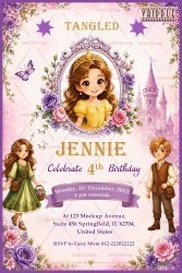 Fairytale Castle Background Birthday Invitation with Princess Portrait Frame, Floral Elements