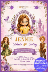 Fairytale Castle Background Birthday Invitation with Princess Portrait Frame, Floral Elements