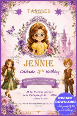 Fairytale Castle Background Birthday Invitation with Princess Portrait Frame, Floral Elements