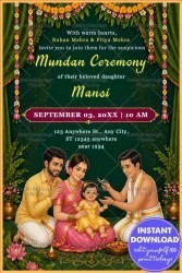 Family Ritual Illustration Mundan Ceremony Invitation with Royal Green Drapes, Floral Garlands