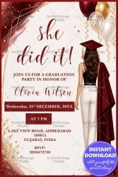Fashionable Graduate Illustration Girl Graduation Party Invitation with Burgundy Glam Theme, Gold & Red Theme