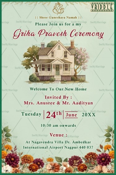 Floral Border Accents Griha Pravesh Invitation with Pastel Green Background & Home Illustration