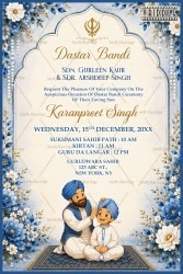 Floral Borders Blue Dastar Bandi Invitation Card with Traditional Sikh Ceremony Illustration & Sikh Symbol