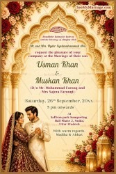 Floral Borders Muslim Wedding Invitation Card with Golden Mughal Arch & Couple Illustration