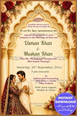 Floral Borders Muslim Wedding Invitation Card with Golden Mughal Arch & Couple Illustration