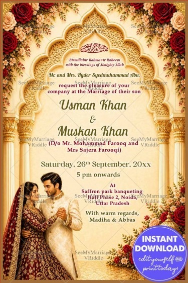 Floral Borders Muslim Wedding Invitation Card with Golden Mughal Arch & Couple Illustration