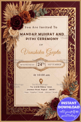 Floral Corners Mandap Mahurat & Pithi Ceremony Invitation with Golden Frame & Minimal Layout