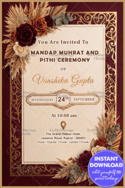 Floral Corners Mandap Mahurat & Pithi Ceremony Invitation with Golden Frame & Minimal Layout