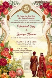 Floral Garden Punjabi Wedding Invitation Card with Palace Arch Sikh Khanda Symbol & Royal Couple Illustration