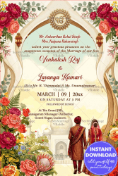 Floral Garden Punjabi Wedding Invitation Card with Palace Arch Sikh Khanda Symbol & Royal Couple Illustration