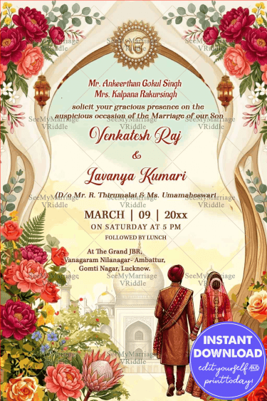 Floral Garden Punjabi Wedding Invitation Card with Palace Arch Sikh Khanda Symbol & Royal Couple Illustration