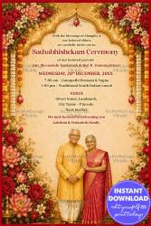 Floral Garland Decor Traditional Sathabhishekam Invitation Card with Golden Temple Arch & Elegant Elder Couple Illustration