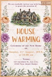 Floral House warming Invitation with Watercolor Home Illustration, Soft Pastel Background