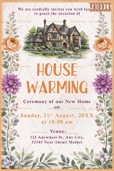 Floral House warming Invitation with Watercolor Home Illustration, Soft Pastel Background