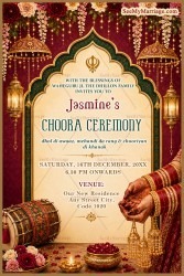 Floral Mughal Arch Design Punjabi Choora Ceremony Invitation Card with Dhol, Golden Border